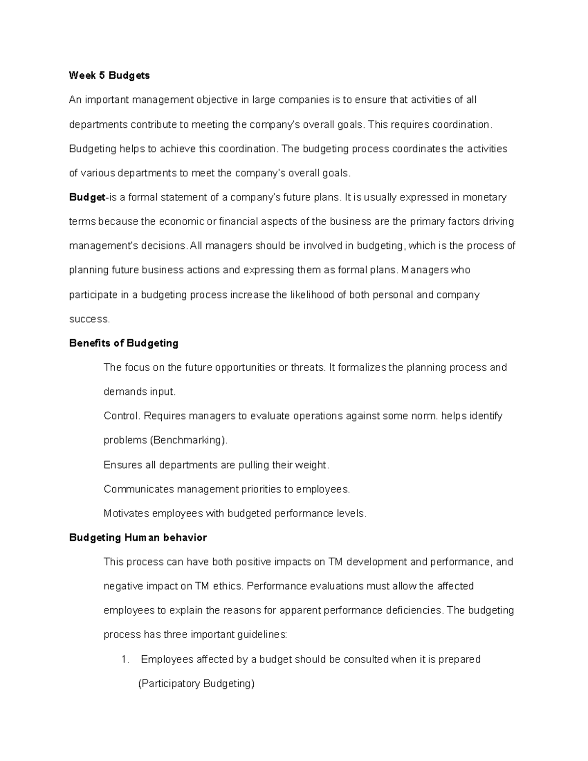 ACCT 211 Week 5 Budgets - Week 5 Budgets An important management ...