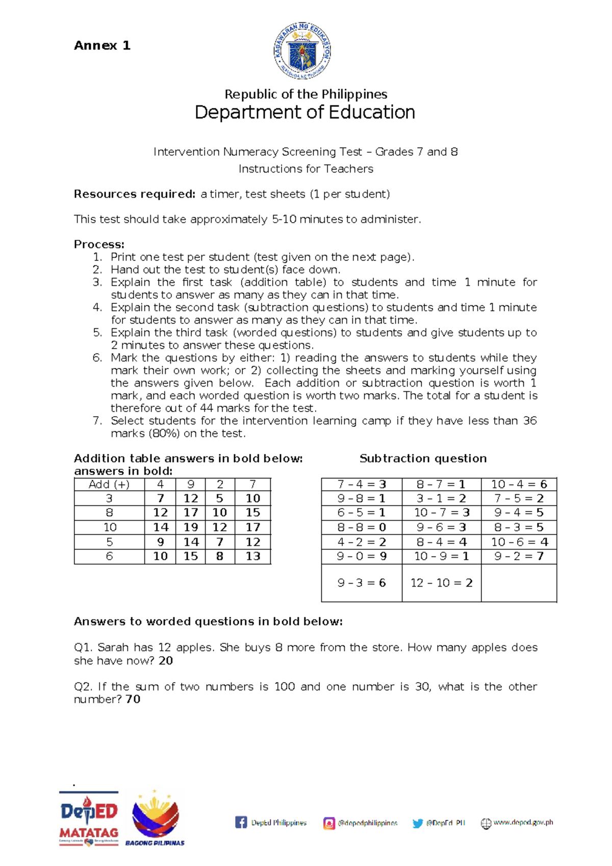 2024 Intervention Mathematics Screening Test G7 G8 - Annex 1 Republic ...