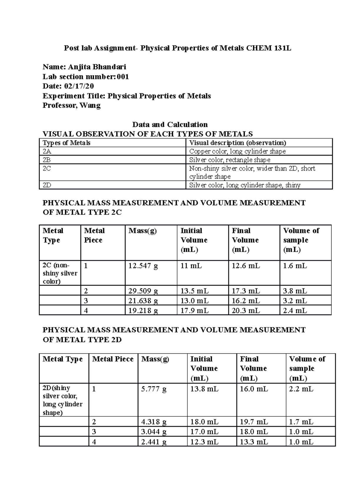 chemistry metals assignment