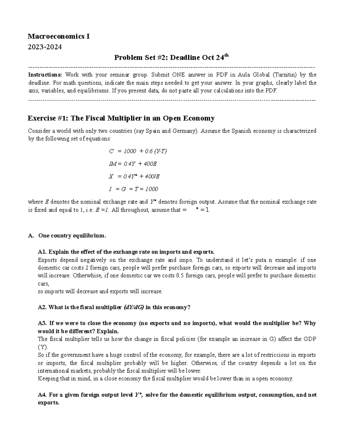 Problem Set2 2023 students - Macroeconomics I 2023- Problem Set #2 ...