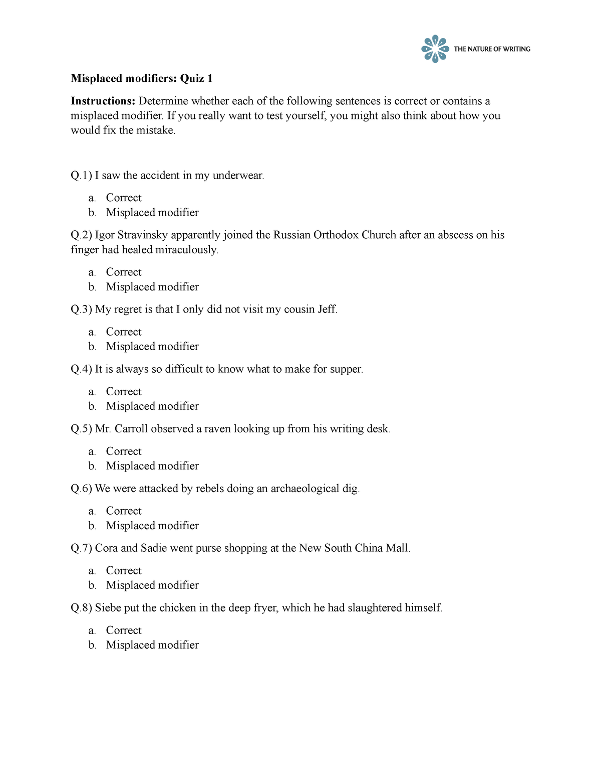 Misplaced Modifier Quiz With Answers Pdf