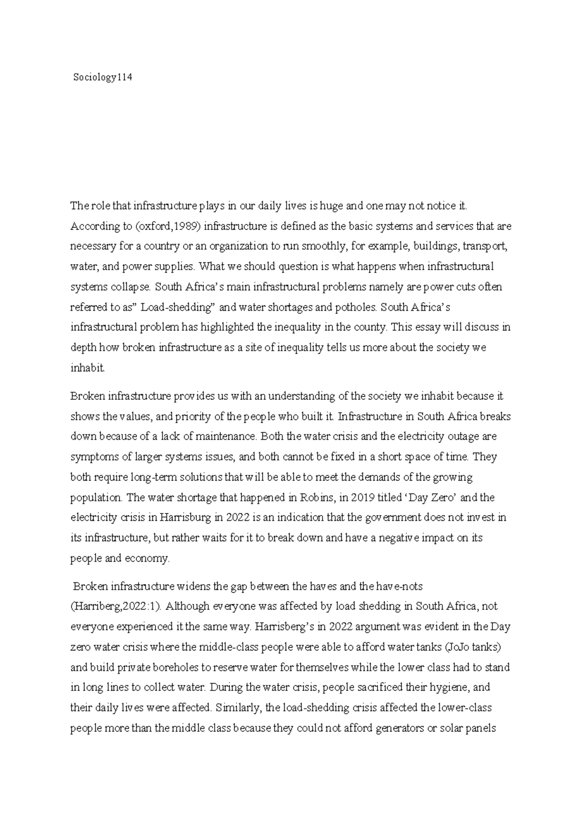Sociology 114 essay 1 - Sociology The role that infrastructure plays in ...