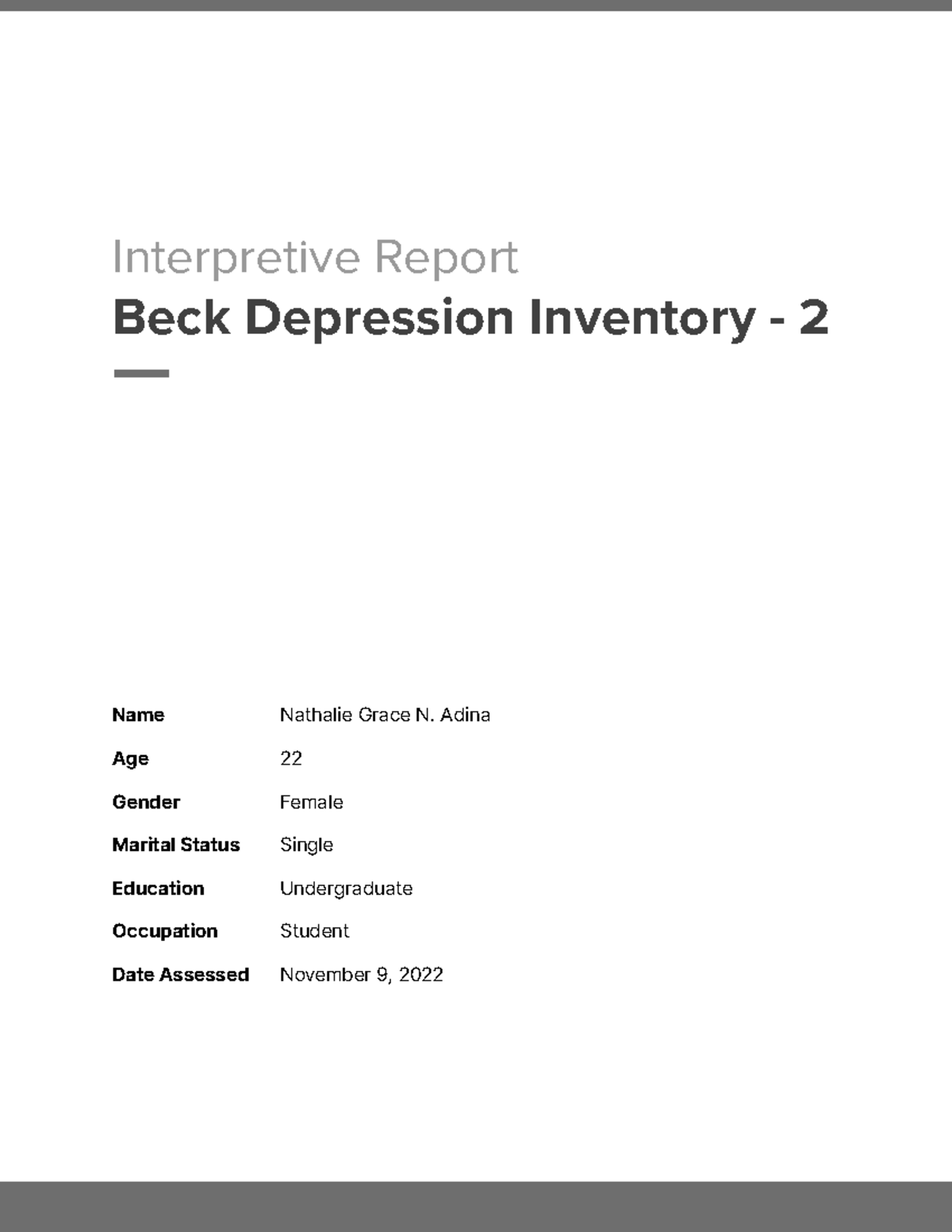 BDI Report - Interpretive Report Beck Depression Inventory - 2 Name ...