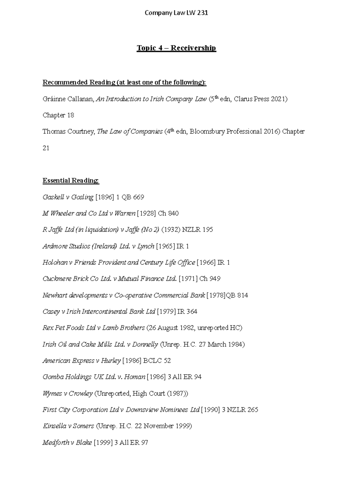 Reading Topic 4 Receivership Company Law LW 2 31 Topic 4