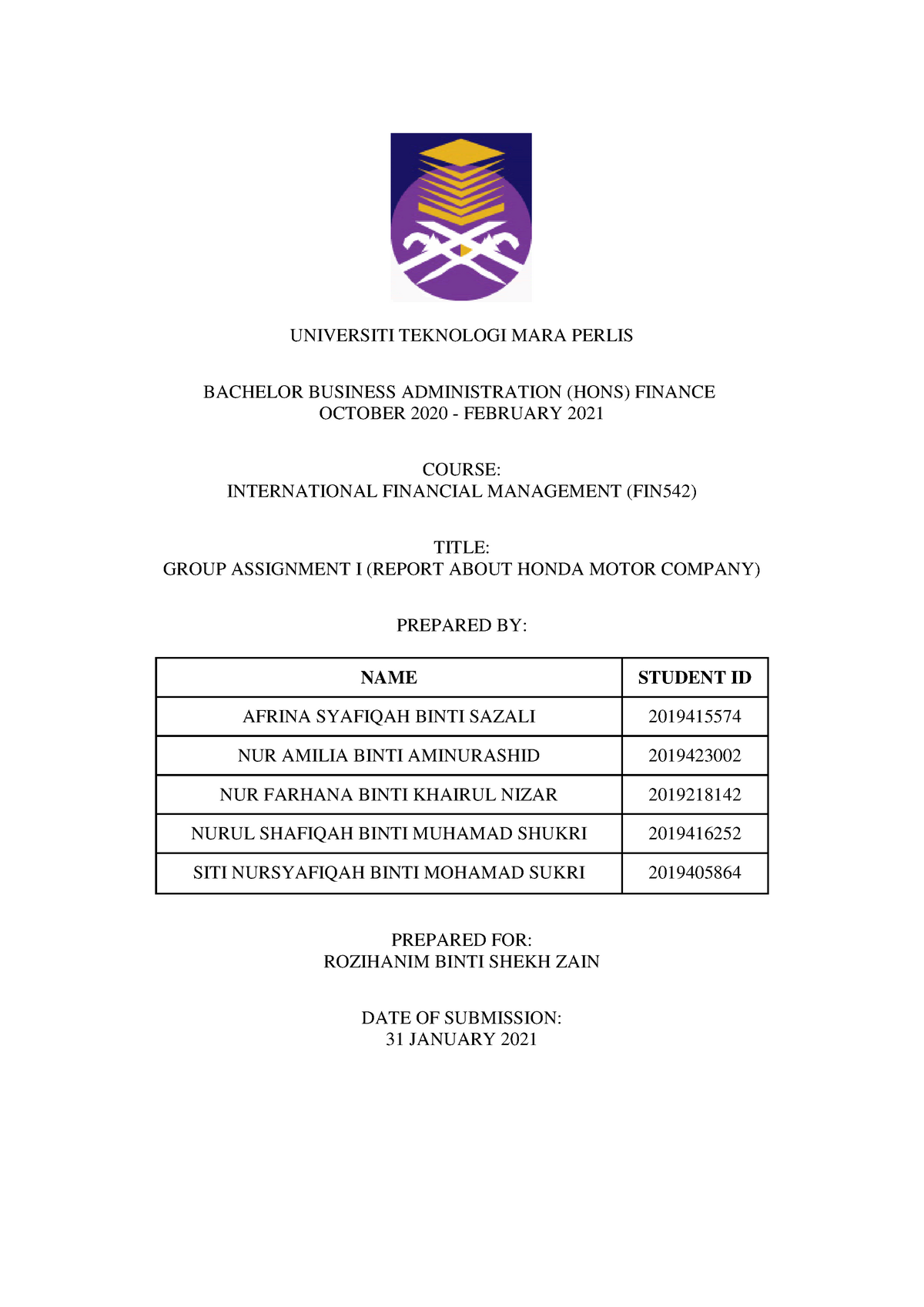 RBA2423A Assignment 1 MNC Honda Company - UNIVERSITI TEKNOLOGI 