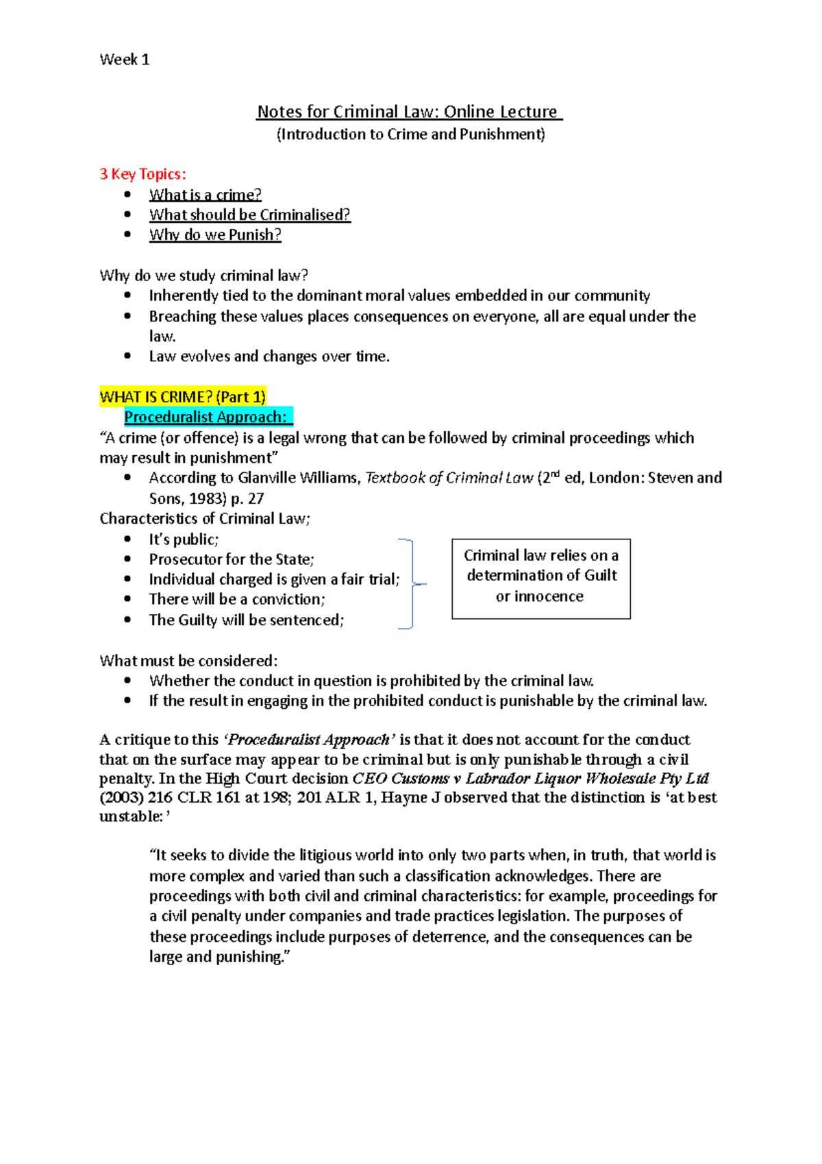 Week 1 Lecture Notes 1 - Notes For Criminal Law: Online Lecture ...