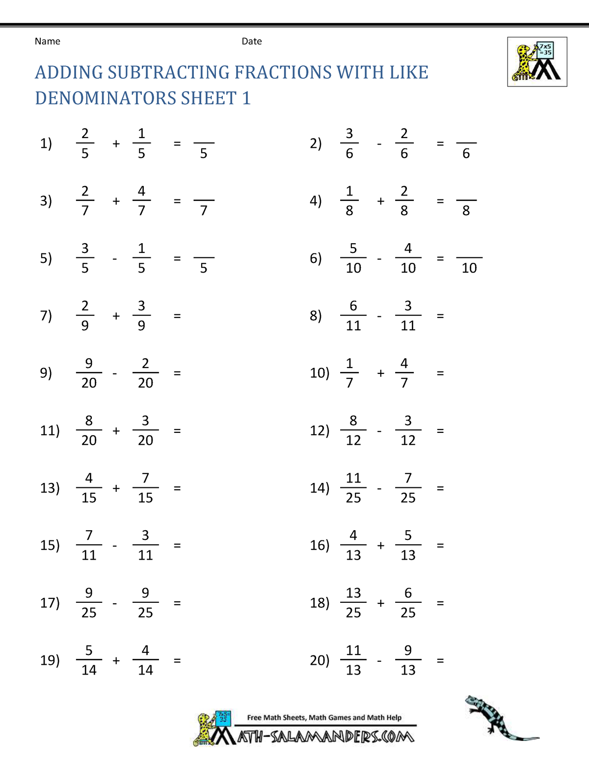 Adding subtracting fractions with like denominators 1 - Name Date ...