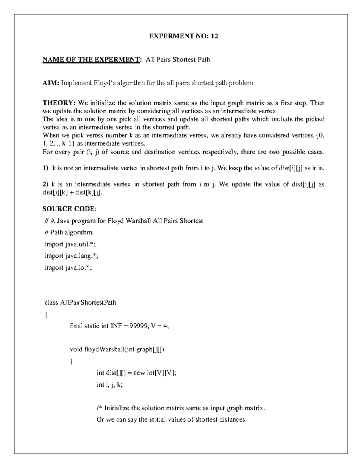 dijekstra algorithm easy - EXPERMENT NO: 12 NAME OF THE EXPERMENT: All ...