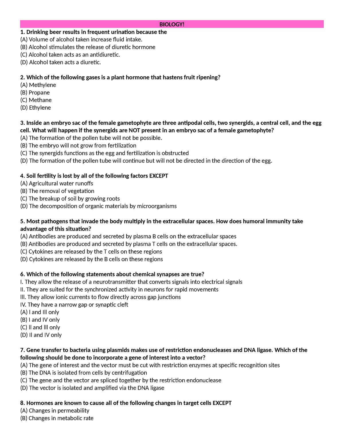 Practice SET 4 - NMAT - BIOLOGY! Drinking beer results in frequent ...