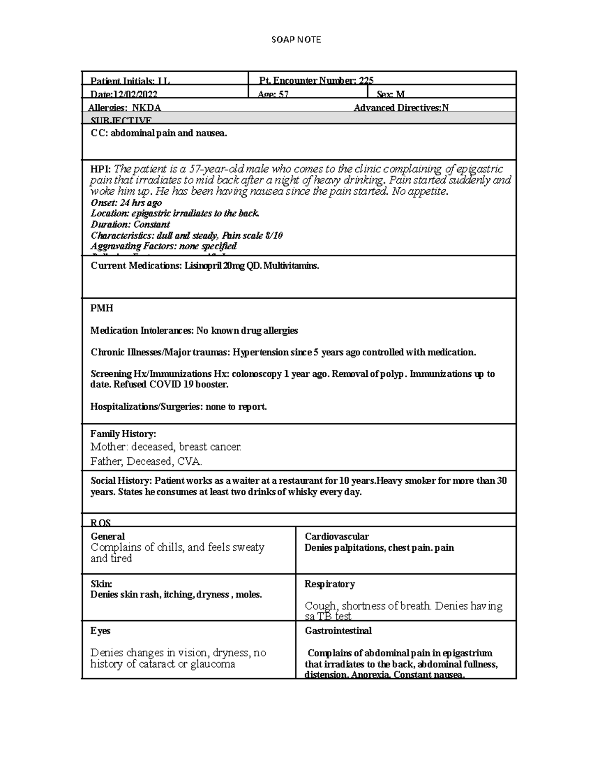 SOAP NOTE 2 - soap - Patient Initials: I L Pt. Encounter Number: 225 ...