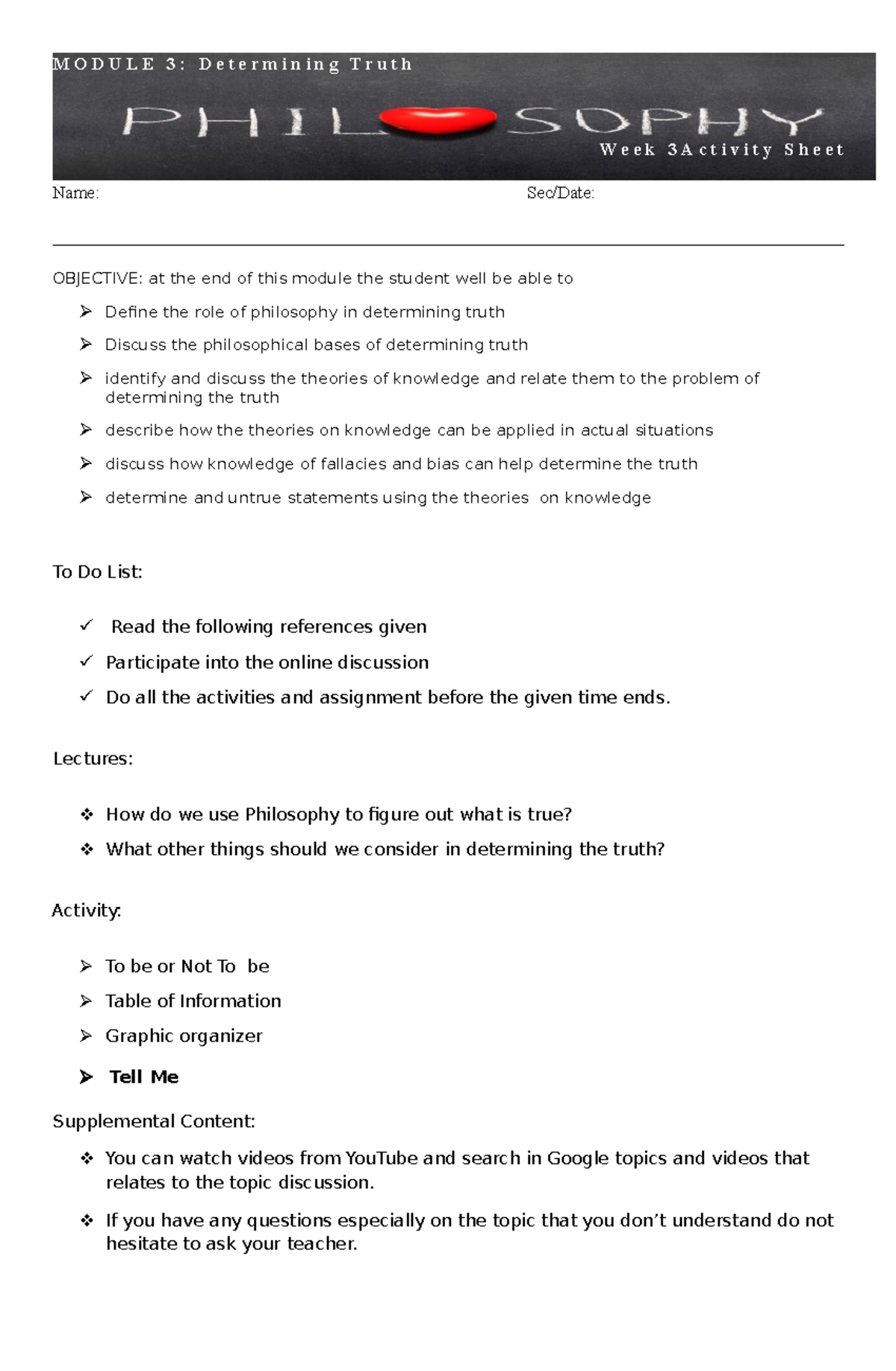 Module 3 Activity Sheet - M O D U L E 3 : D E T E R M I N I N G T R U T ...