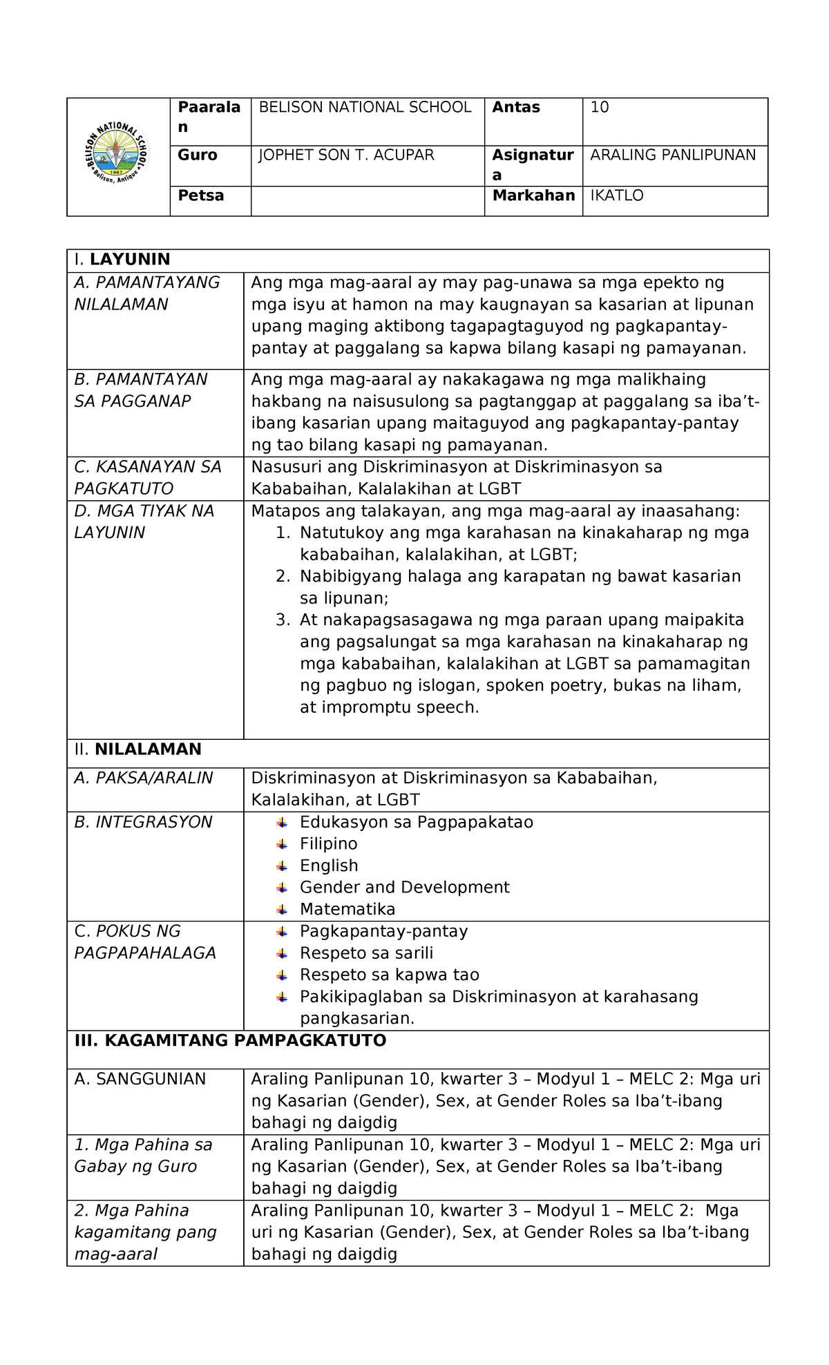 DLP ARALING PANLIPUNAN 10 - Paarala n BELISON NATIONAL SCHOOL Antas 10 ...