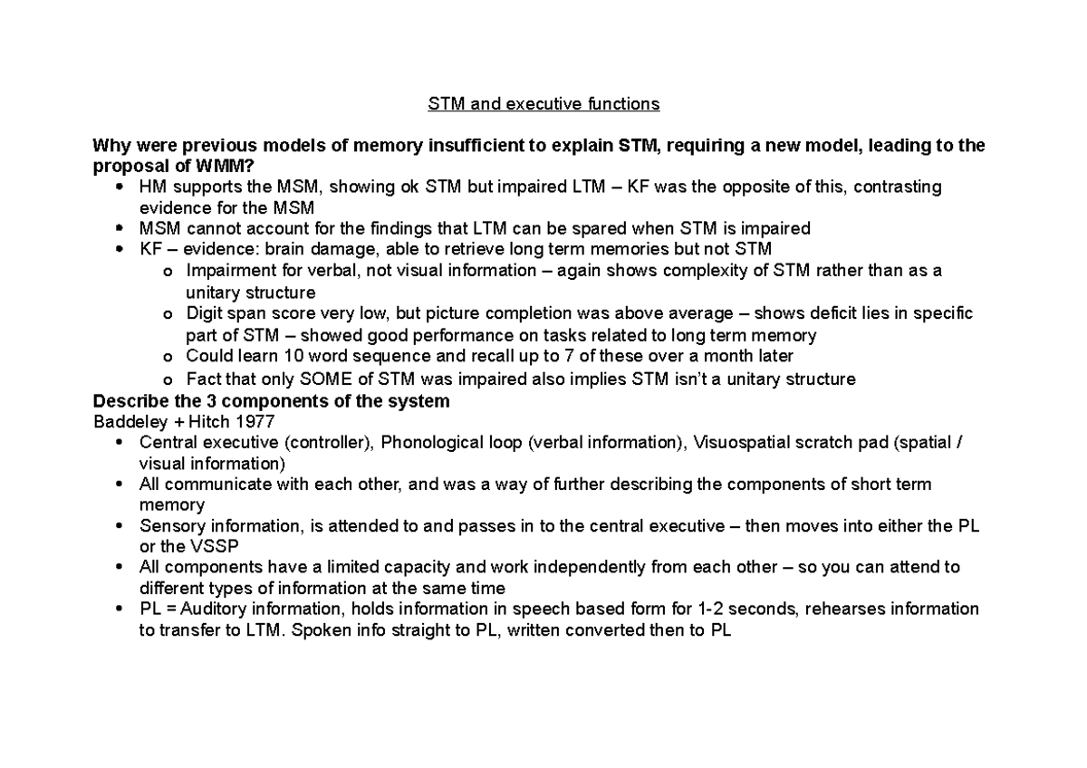 Short term memory and executive functions practice questions - STM and ...