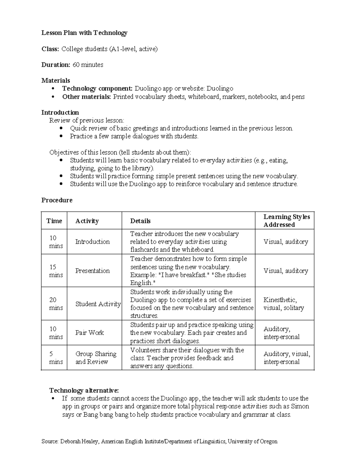 Lesson plan template w tech - Lesson Plan with Technology Class ...