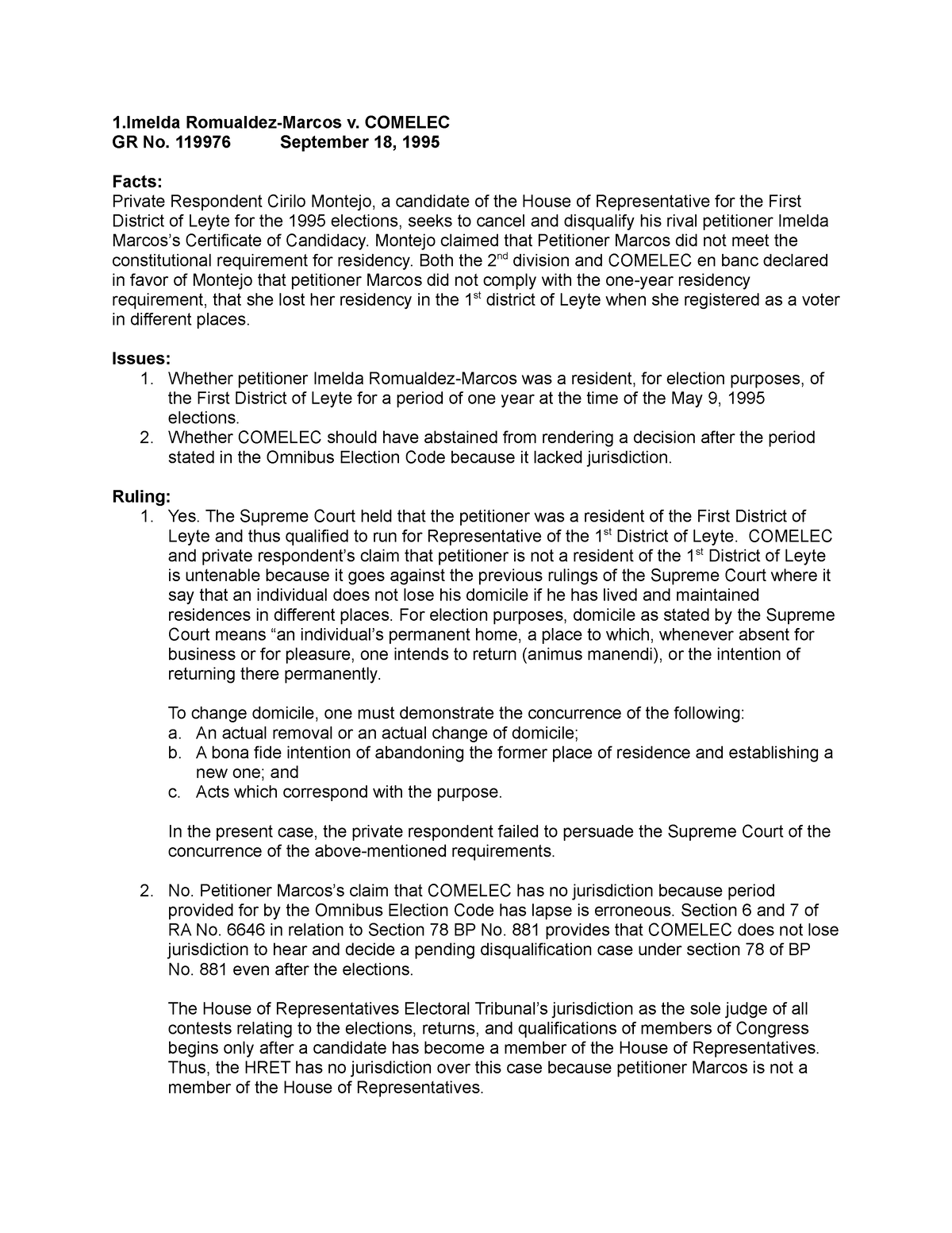 Legislative Cases 1 50 - sudisahdihdiqe - 1 Romualdez-Marcos v. COMELEC ...