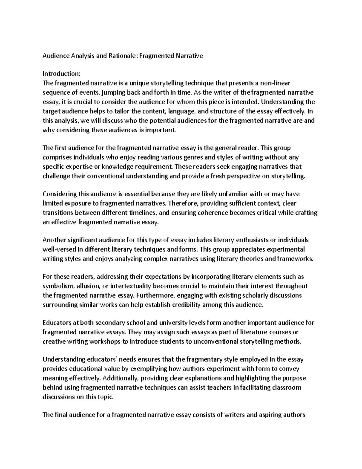 Document 24 - Essay topic and notes - Audience Analysis and Rationale ...