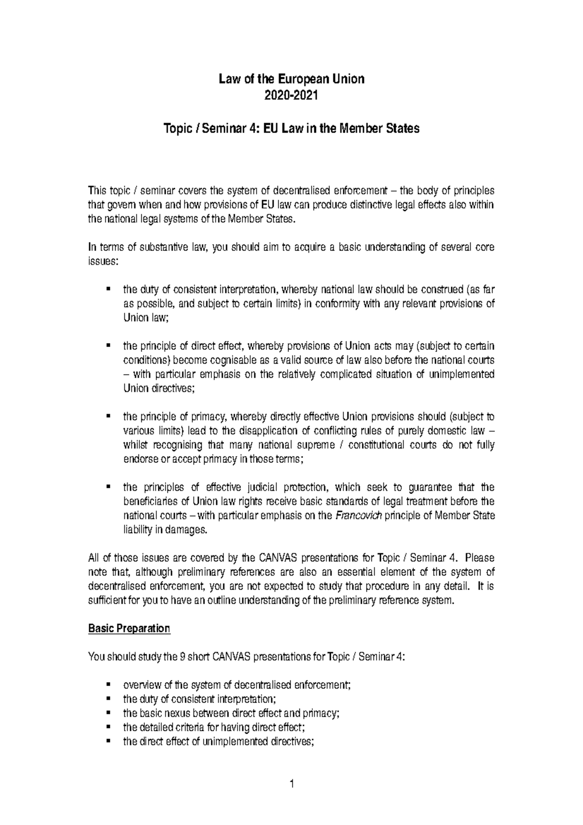 EU Law 20-21 Seminar 4 Preparation Guide # 2 - Law of the European ...