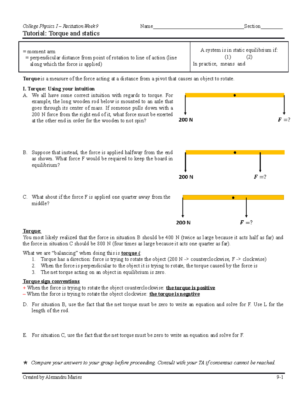 CP1 Recitation tutorial Week 09 Torque and statics shortened to 4