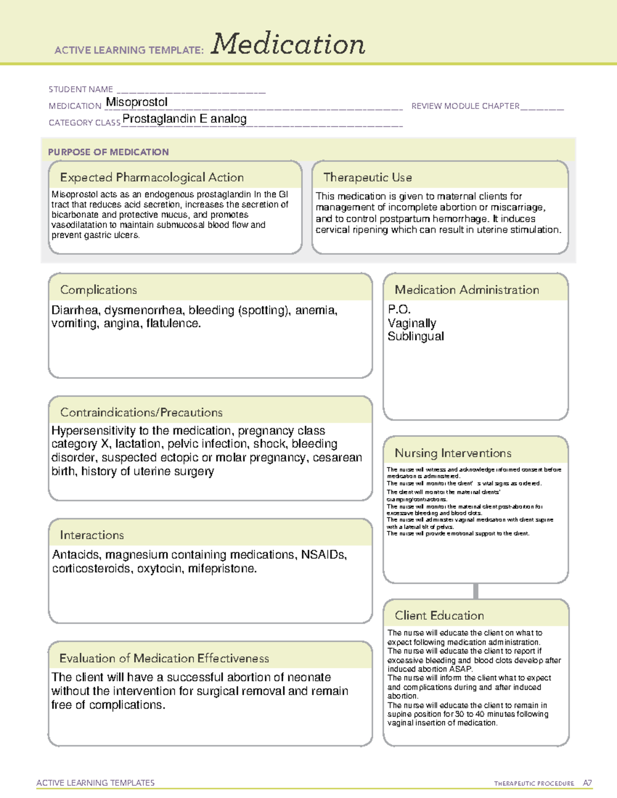 Misoprostol Medication ACTIVE LEARNING TEMPLATES THERAPEUTIC