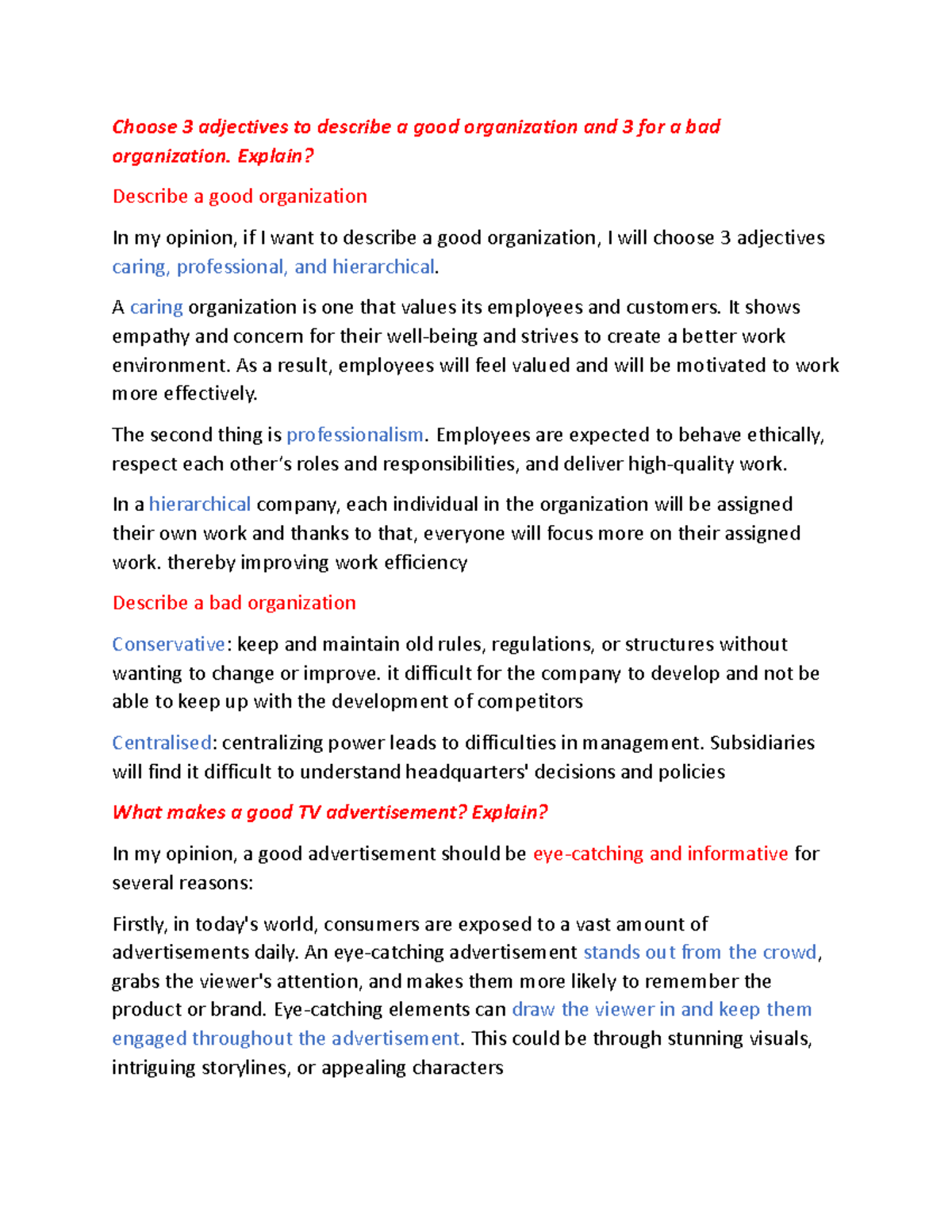 ENM111 - Speaking - Choose 3 adjectives to describe a good organization ...