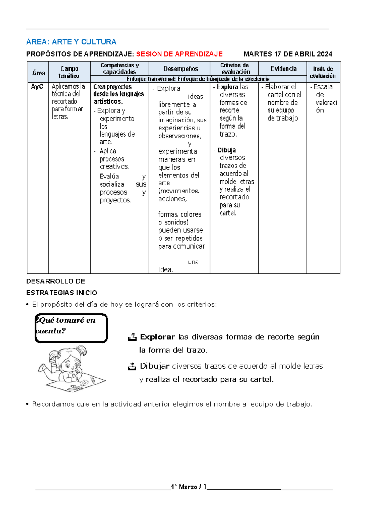 1º AC DEL 19 DE Marzo - ÁREA: ARTE Y CULTURA PROPÓSITOS DE APRENDIZAJE ...