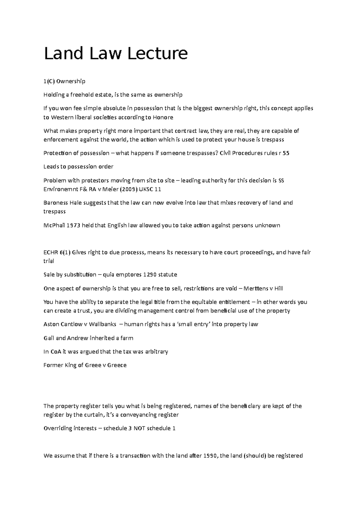 Land Law Lecture Notes - Land Law Lecture 1(C) Ownership Holding a ...