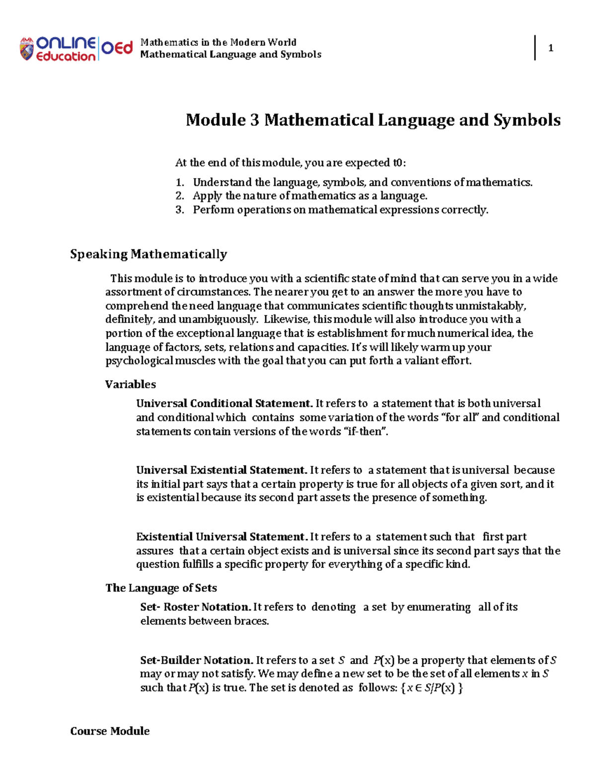 Module 3 Mathematical Language and Symbols Mathematics in the Modern World Mathematical