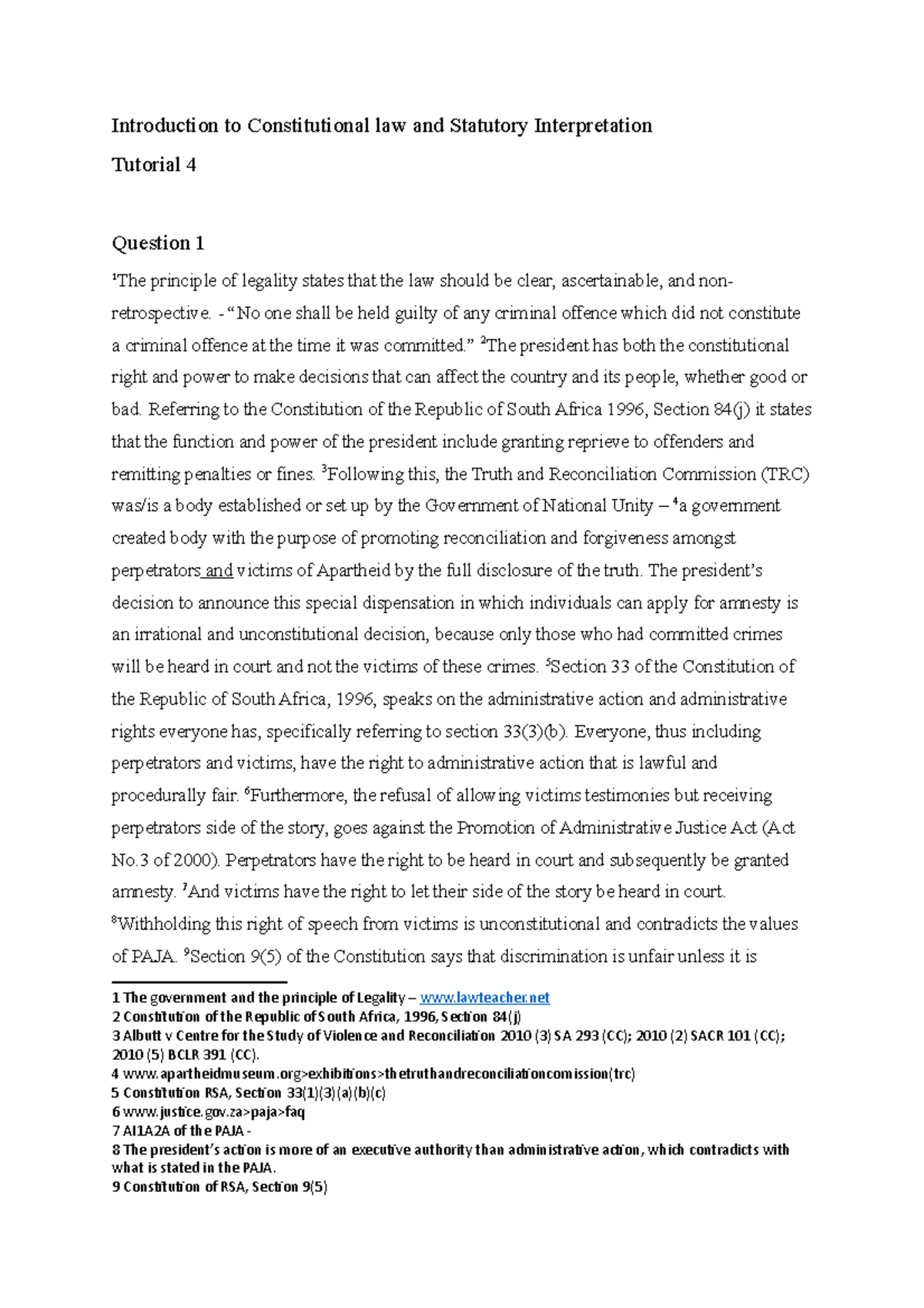 Tutorial 4 answers Introduction to Constitutional law and Statutory