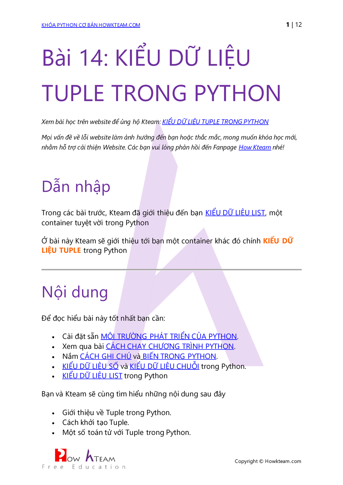 Bài 14 Kiểu Dữ Liệu Tuple Trong Python Howkteam - Bài 14: Kiểu Dữ Liệu Tuple  Trong Python Xem Bài - Studocu