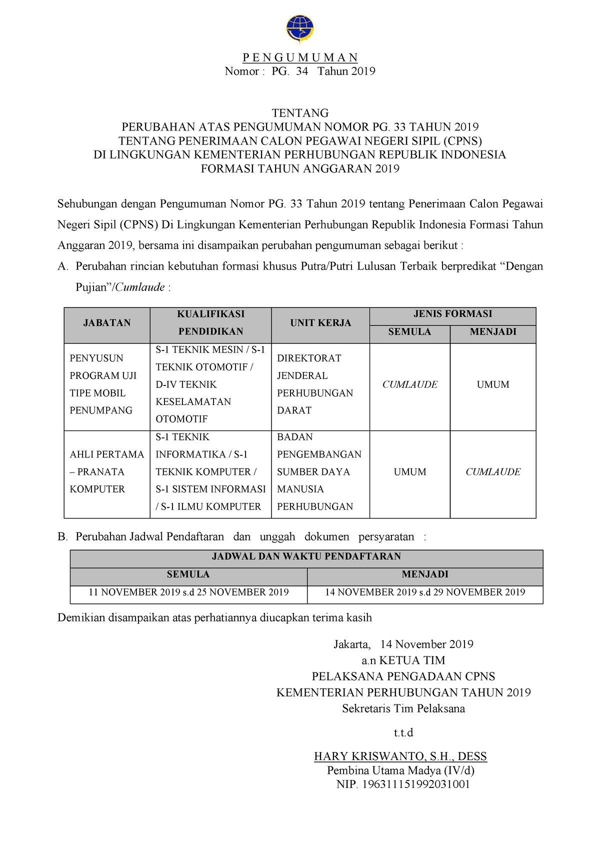 Revisi Pengumuman CPNS 2019 PG 34 Tahun 2019 - P E N G U M U M A N ...