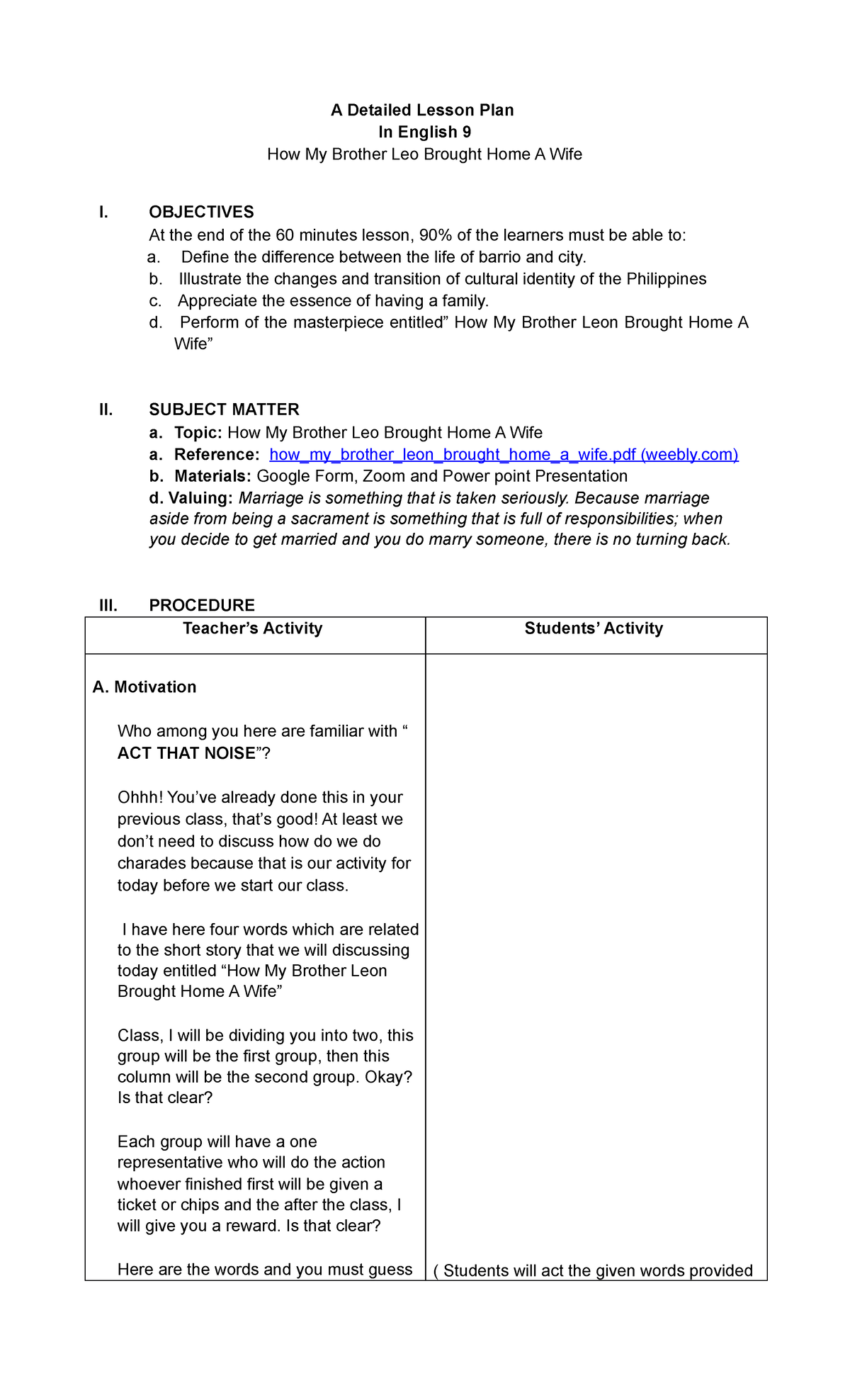 Detialed Lesson Plan of How My Brother leon Brought Home A Wife - A ...