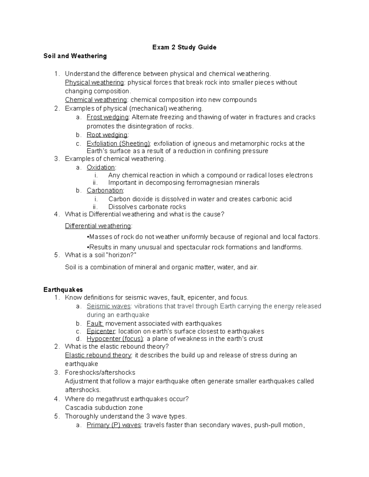Exam #2 Study Guide Questions - Exam 2 Study Guide Soil and Weathering ...