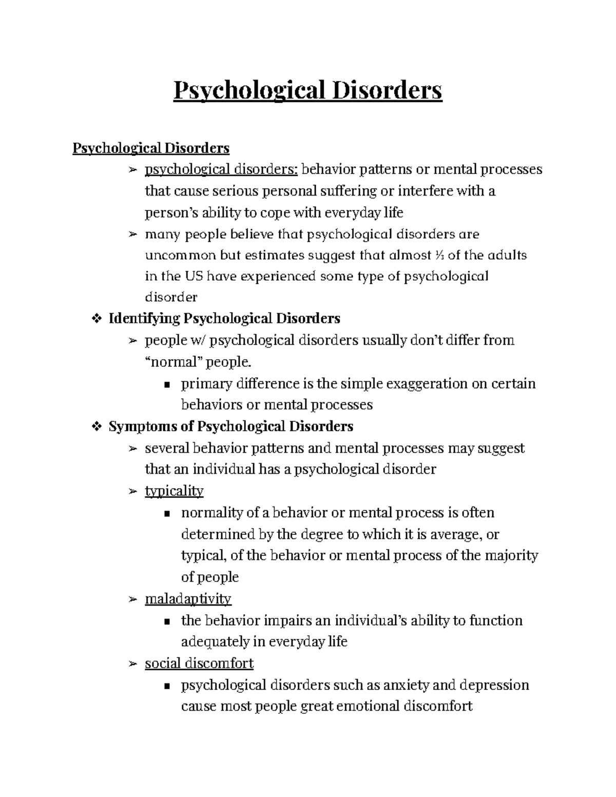 Psychological Disorders Notes - Psychological Disorders Psychological ...