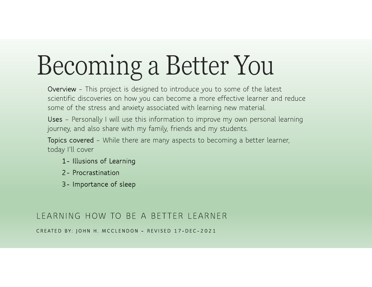 Becoming A Better You Note B Becoming A Better You Learning How To Be A Better Learner C R Eate Studocu