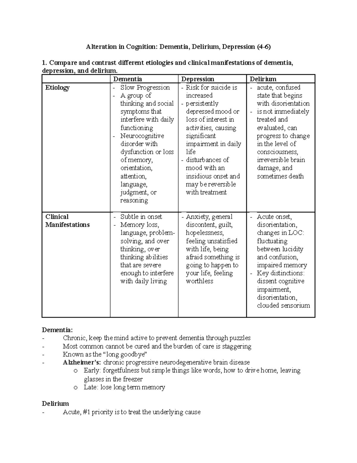 Med Surg Exam 3 test map - Exam 3 information - Alteration in Cognition ...