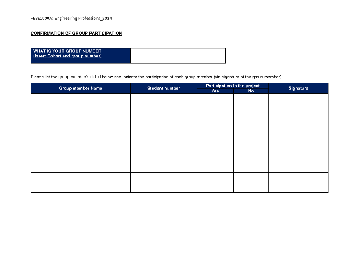 Confirmation of Group Participation 2024 - FEBE1000A: Engineering ...