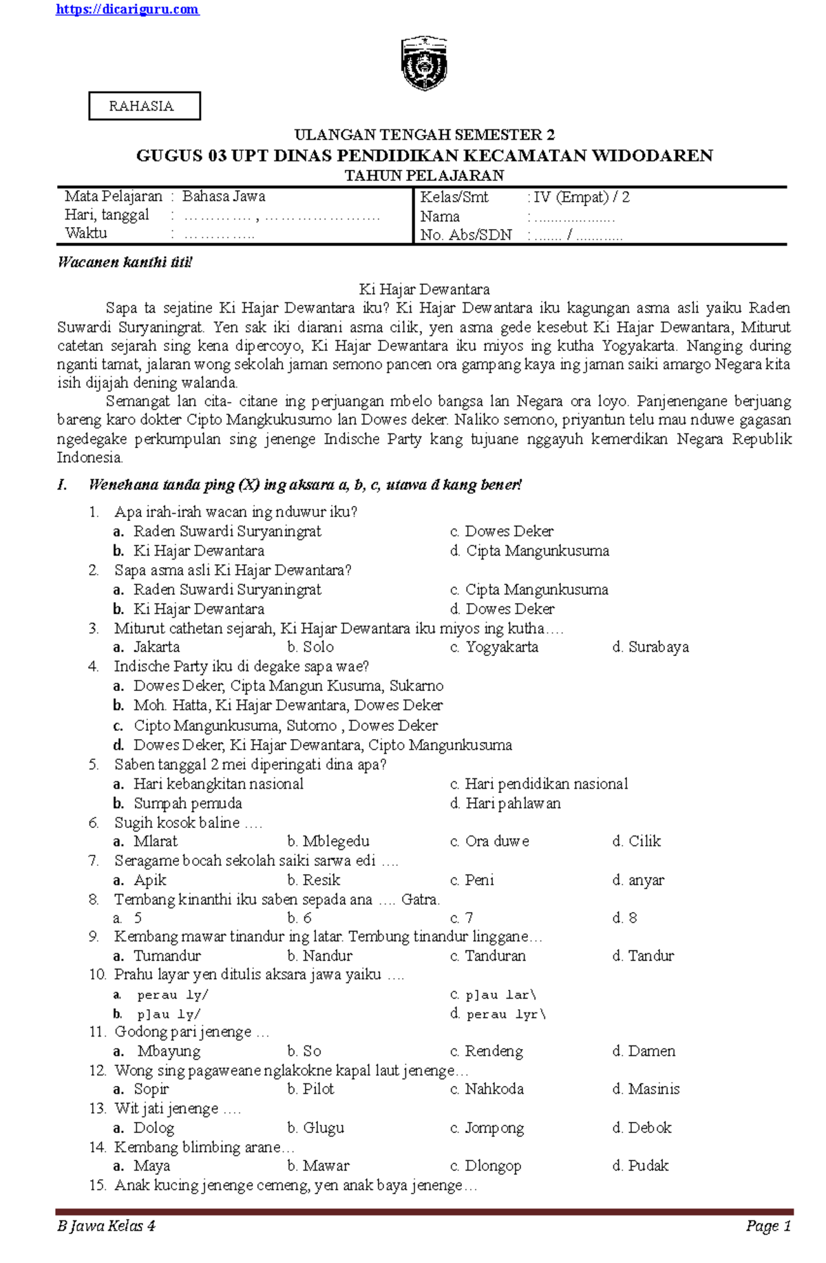 B Jawa Kelas 4 ( Dicariguru - Dicariguru B Jawa Kelas 4 Page 1 RAHASIA ...