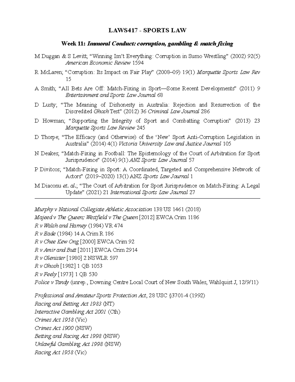 LAWS417 - Week 11 (readings and cases) - LAWS417 - SPORTS LAW Week 11 ...