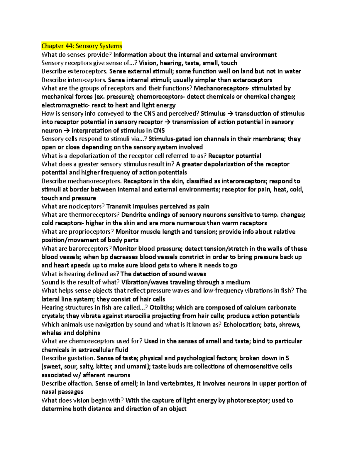 Notes/Study Guide for Exam 4 - Chapter 44: Sensory Systems What do ...