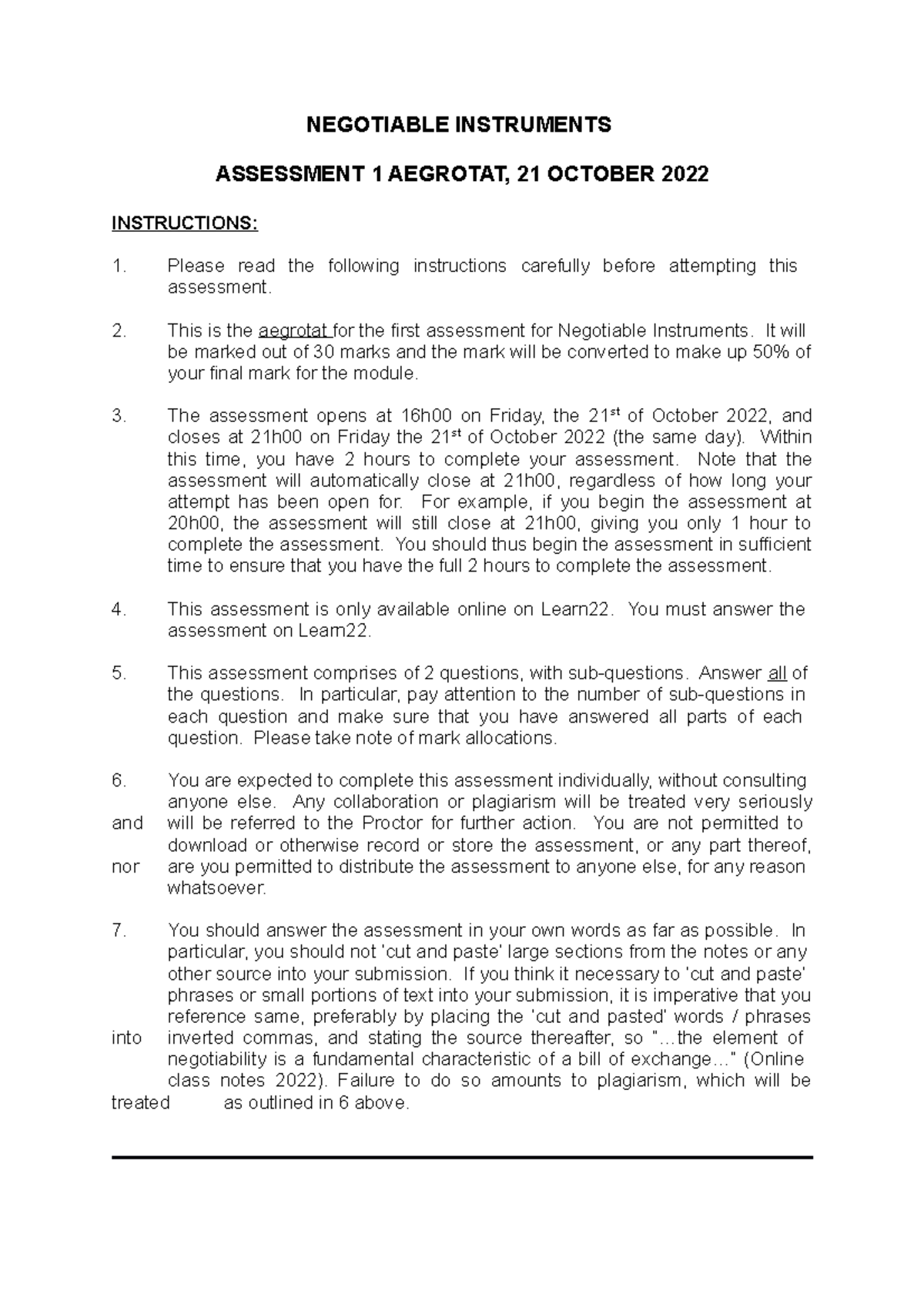 NEG INST Sample QU 2 - 2023 - NEGOTIABLE INSTRUMENTS ASSESSMENT 1 ...