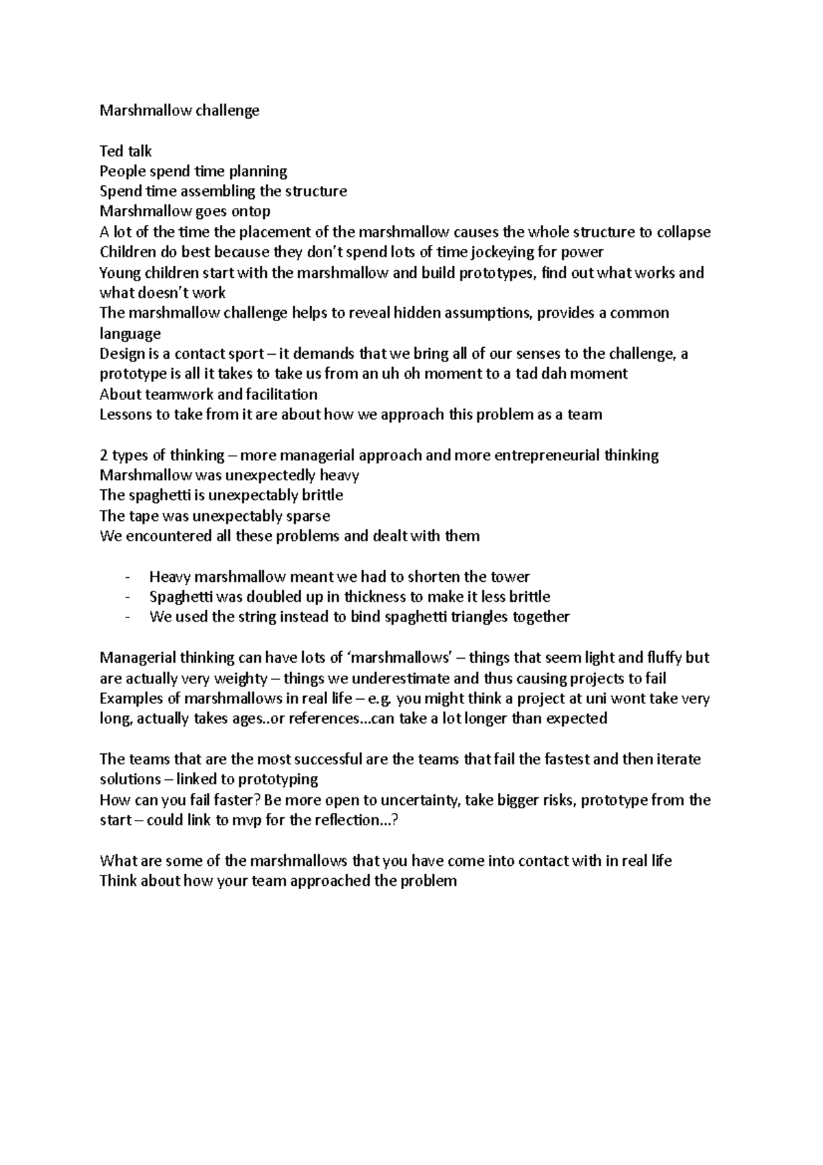 Marshmallow challenge seminar Marshmallow challenge Ted talk People