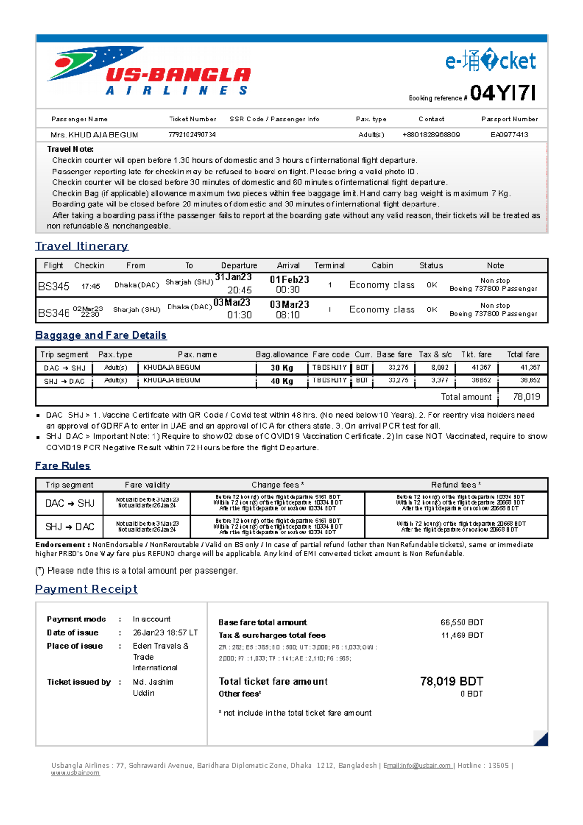 E-ticket 04YI7I- Begum SHJ - e‐埇 cket Booking reference # 04YI7I ...