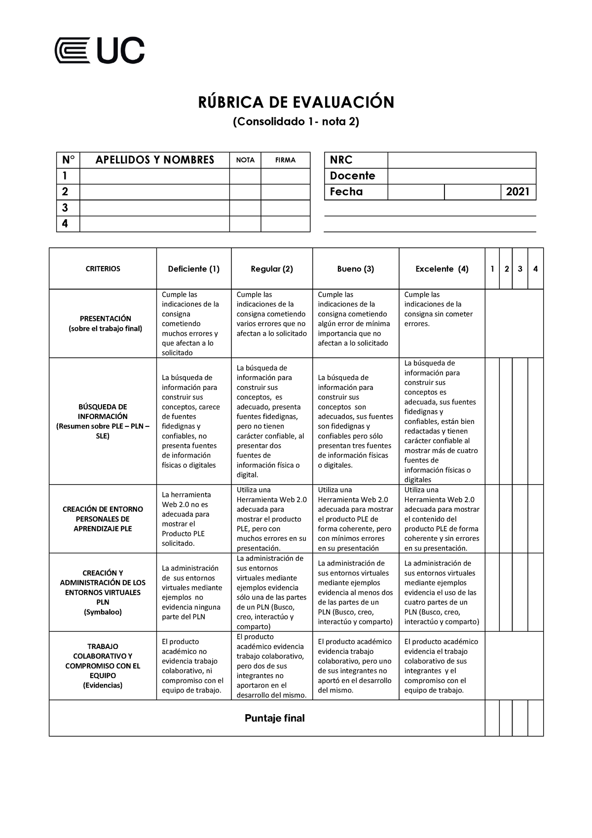 Rúbrica Evaluación P02C01 Compress - R⁄BRICA DE EVALUACI”N (Consolidado ...