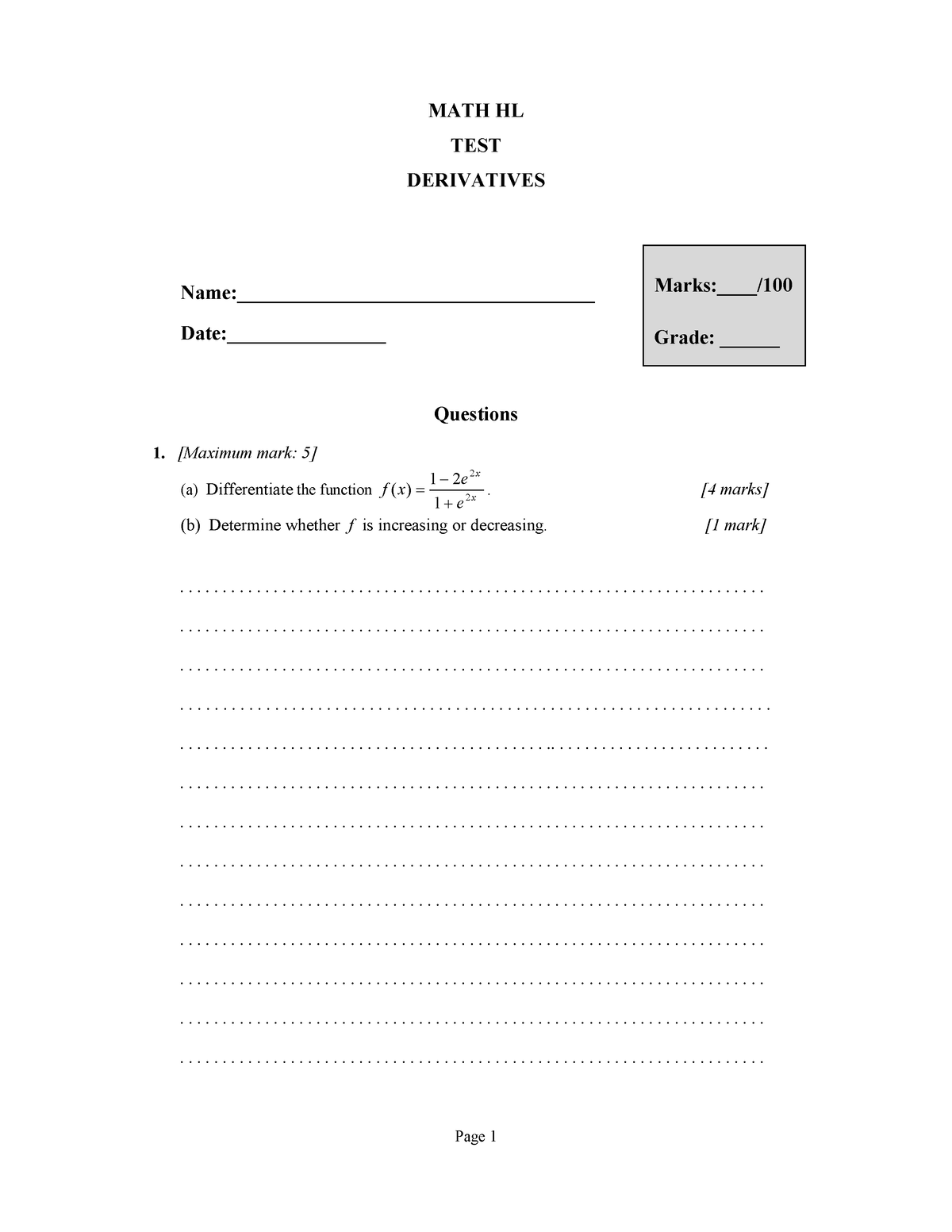 Derivatives- Test Practice - MATH HL TEST DERIVATIVES By Christos ...