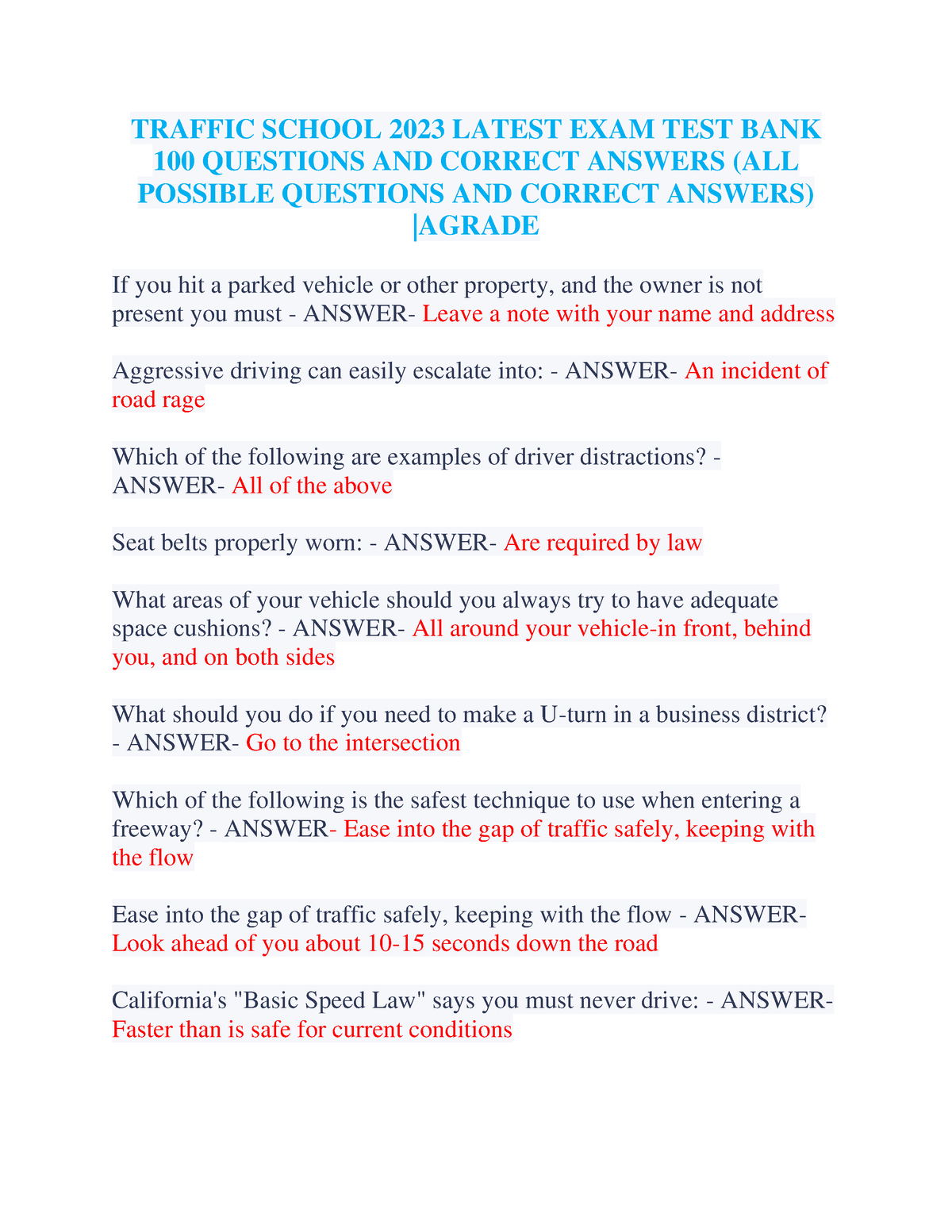 Traffic School 2023 Latest EXAM TEST BANK 100 Questions AND Correct