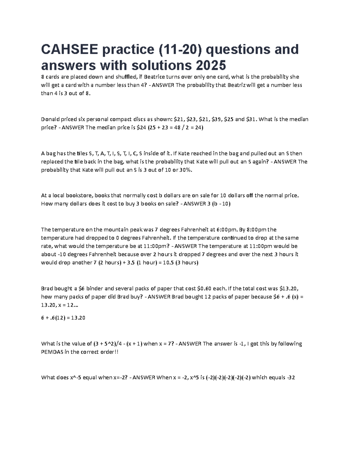 Cahsee practice CAHSEE practice (1120) questions and answers with