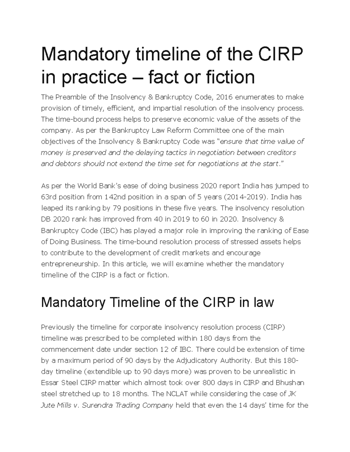 Mandatory timeline of the CIRP in practice - The time-bound process ...