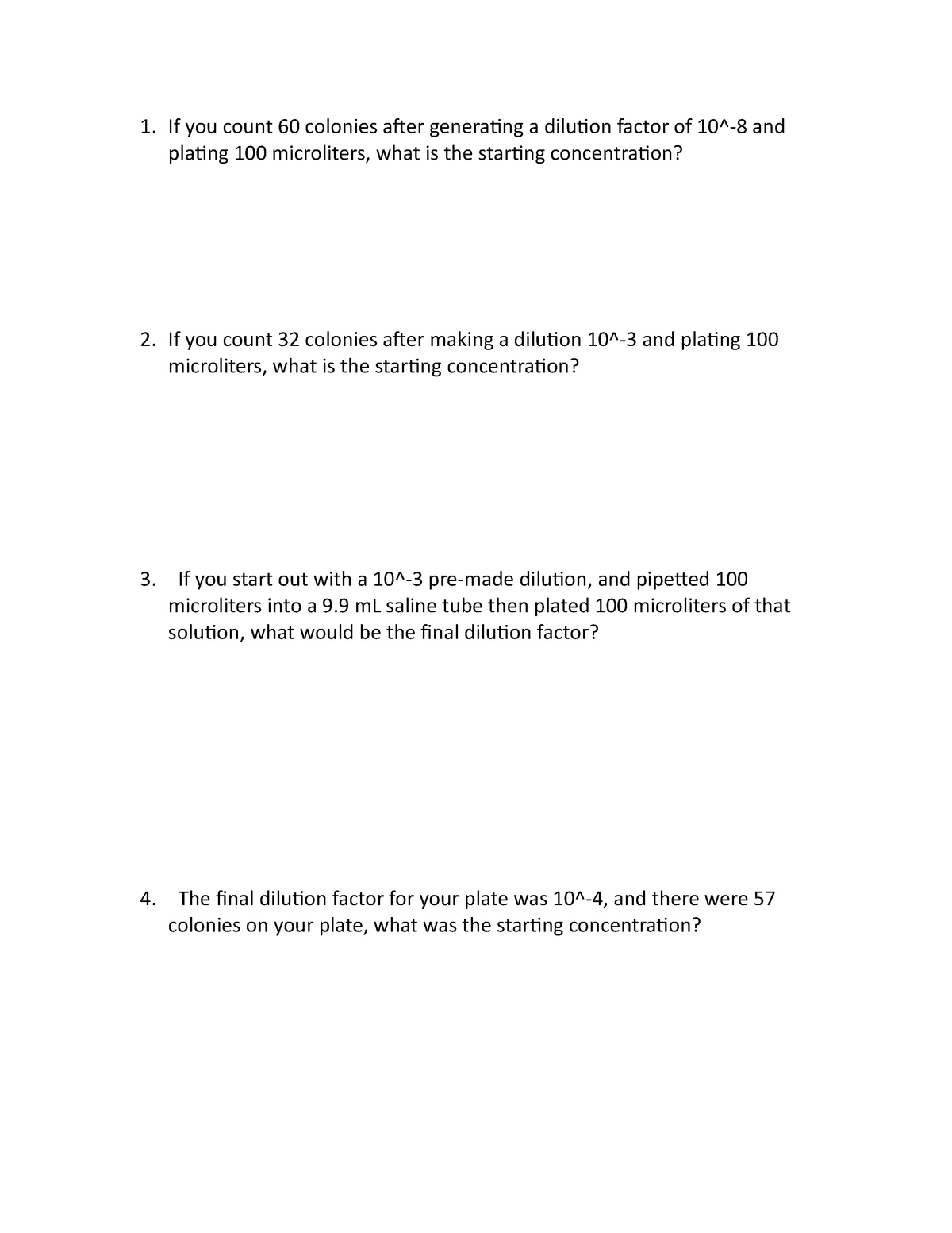 Serial Dilutions - Practice Worksheet - If you count 60 colonies after ...