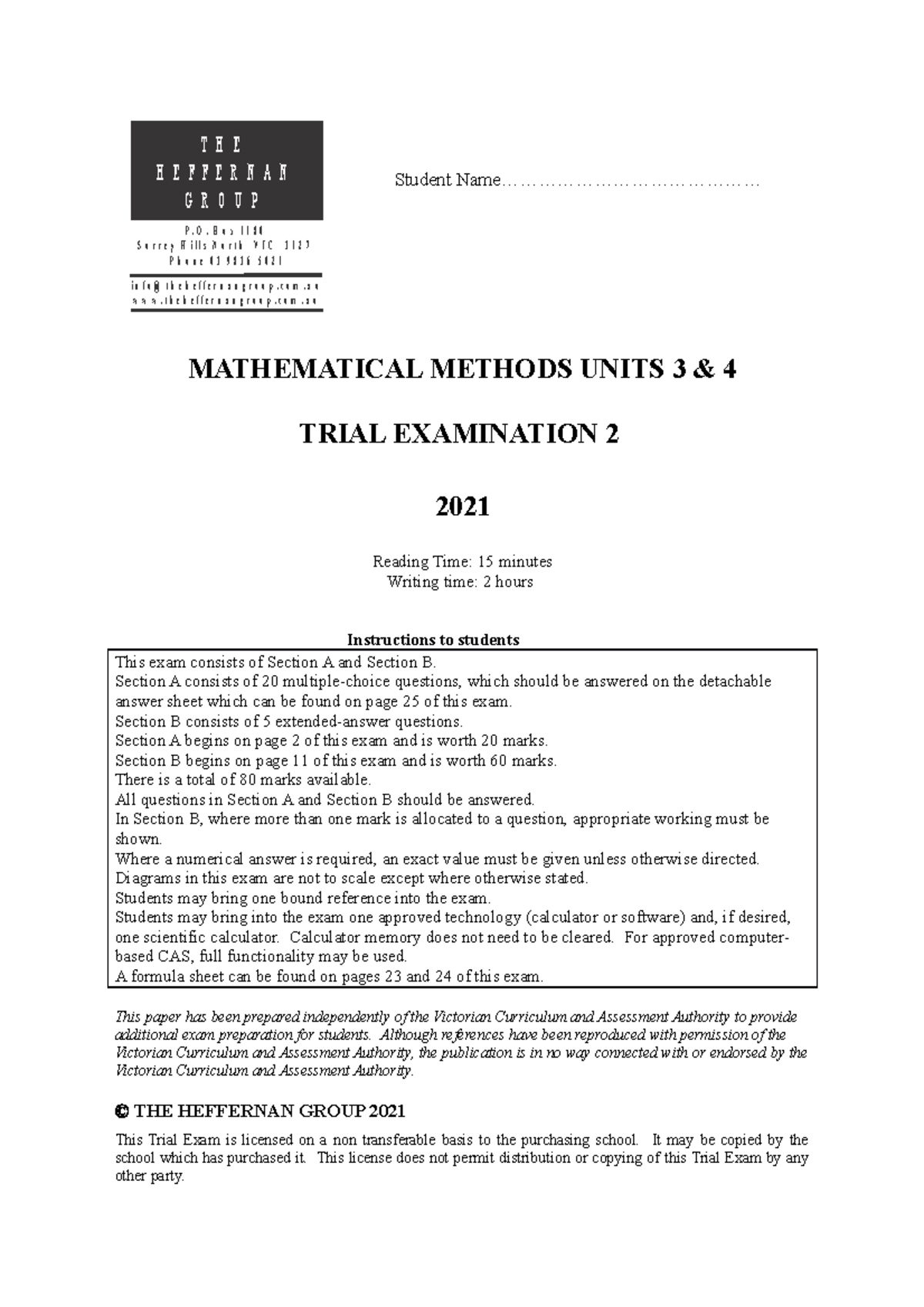 2021 Maths Methods Units 3 & 4 Exam 2 - Student Name