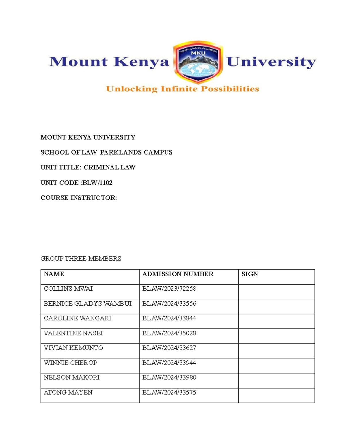 Group 3 Criminal LAW MOUNT KENYA UNIVERSITY SCHOOL OF LAW PARKLANDS